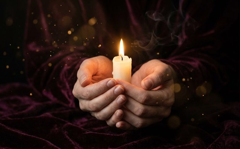 Mani con candela accesa in rituale di orientamento amoroso